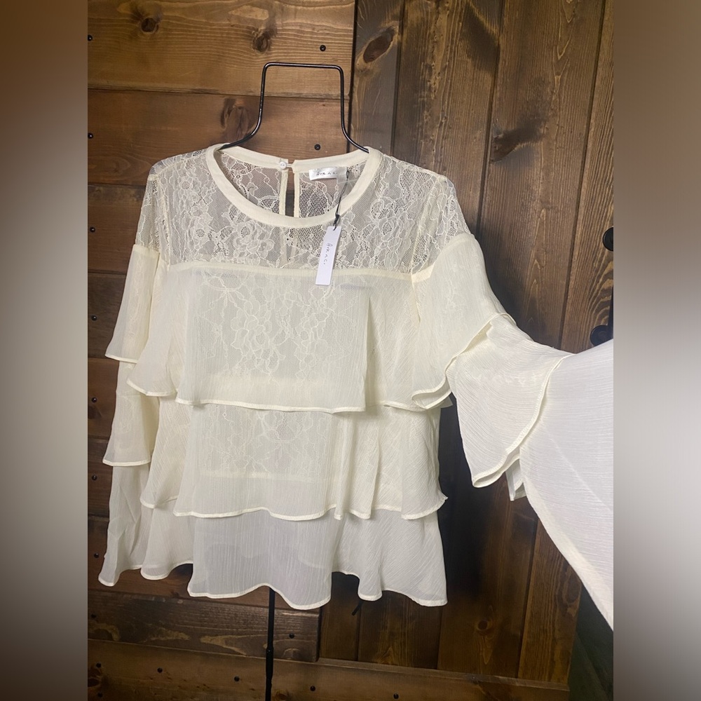 NWT Cream Lace Layered Romantic Top Size Large sheer Boho Blouse